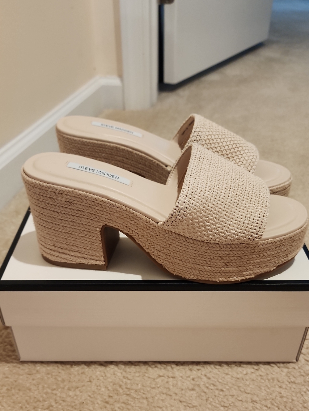 Steve Madden Beige Woven Platform Slide Heels